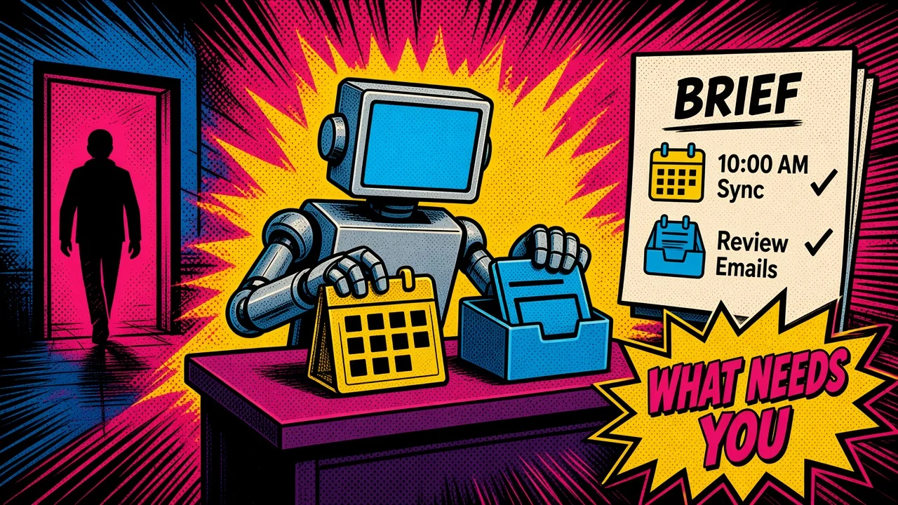 Comic pop-art panel of a founder reading a morning note from a small robot. The note says 5 in progress and 2 need you, with an inbox and a calendar behind them