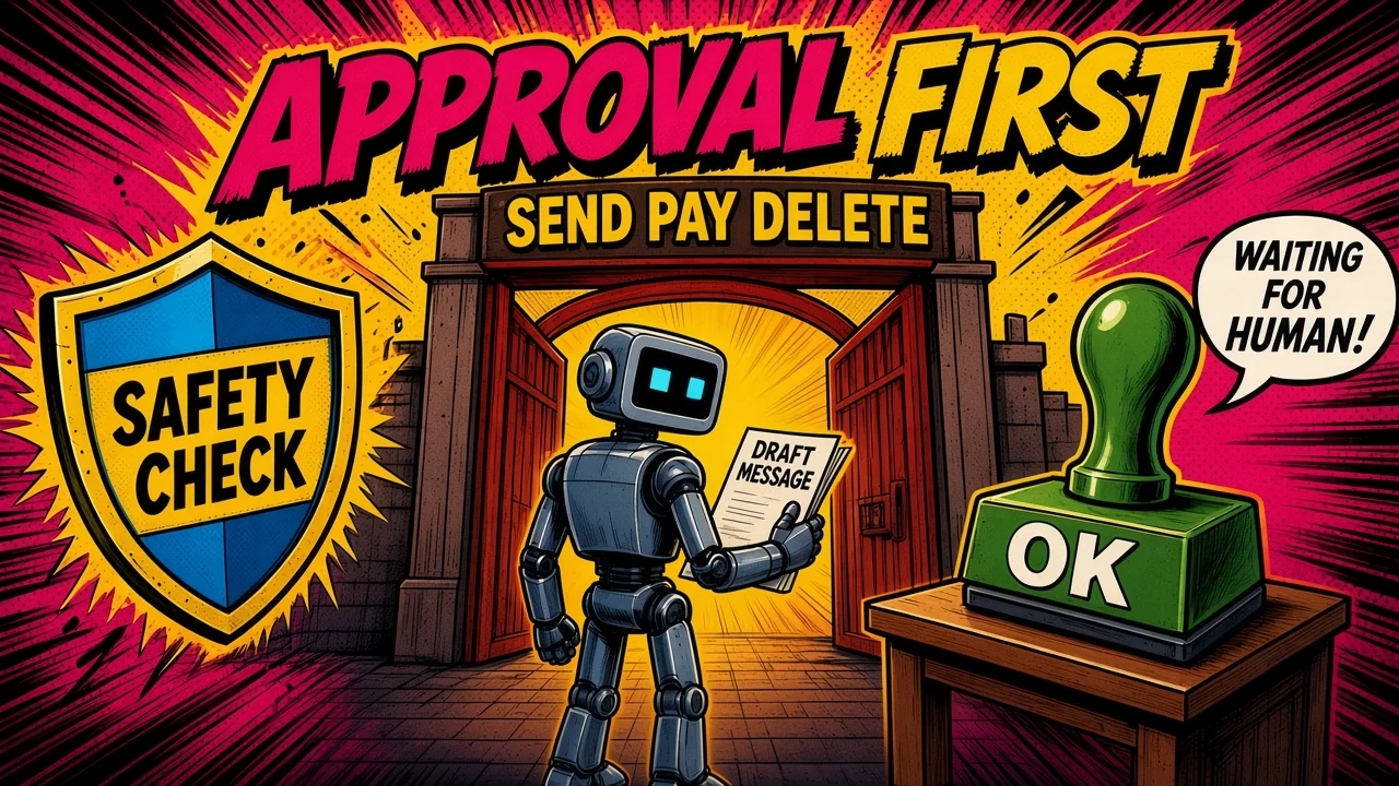 Comic pop-art panel of a small robot holding a draft, stopped at a gate by a raised hand. Three stamps read Send, Pay, and Delete, under a sign that says Wait for your ok
