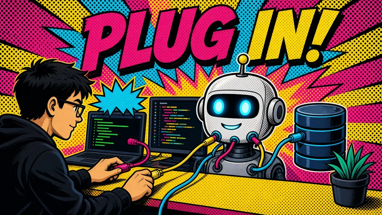 Pop-art illustration of developer tools plugged into a Claude LLM through an MCP connector