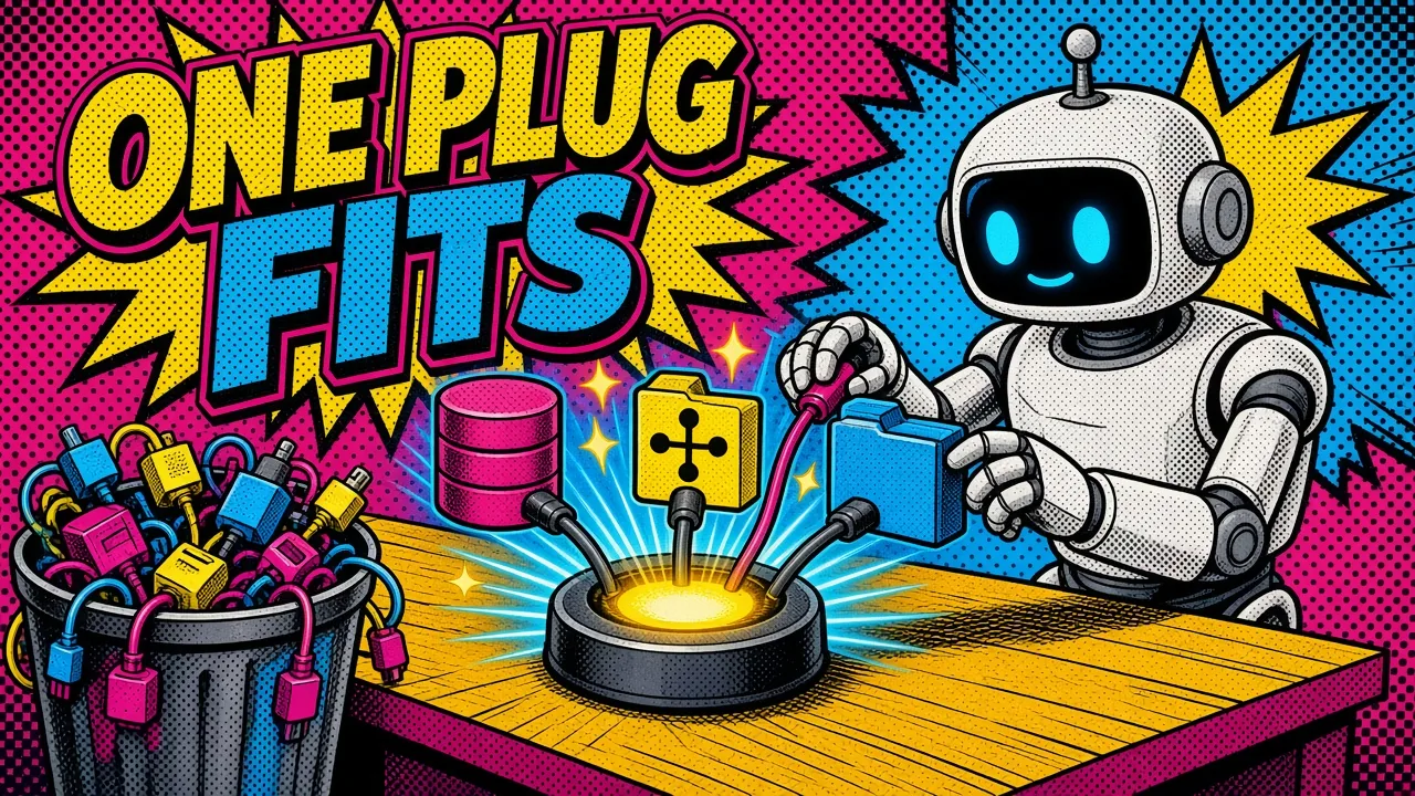 Comic panel of a robot plugging a database, a git block and a folder into one glowing plug hub while tangled custom adapters sit in the trash