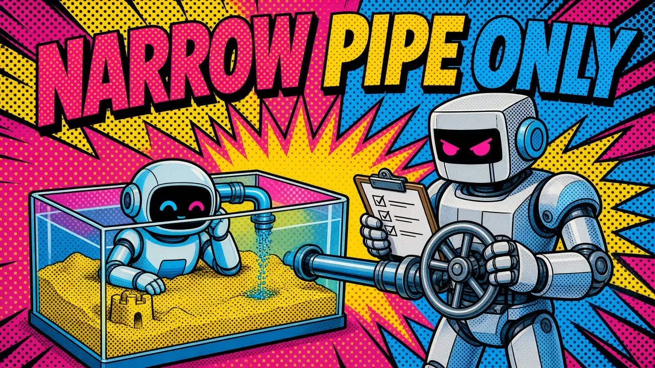 Comic panel of an AI robot in a sandbox receiving data through a narrow pipe controlled by a guard robot