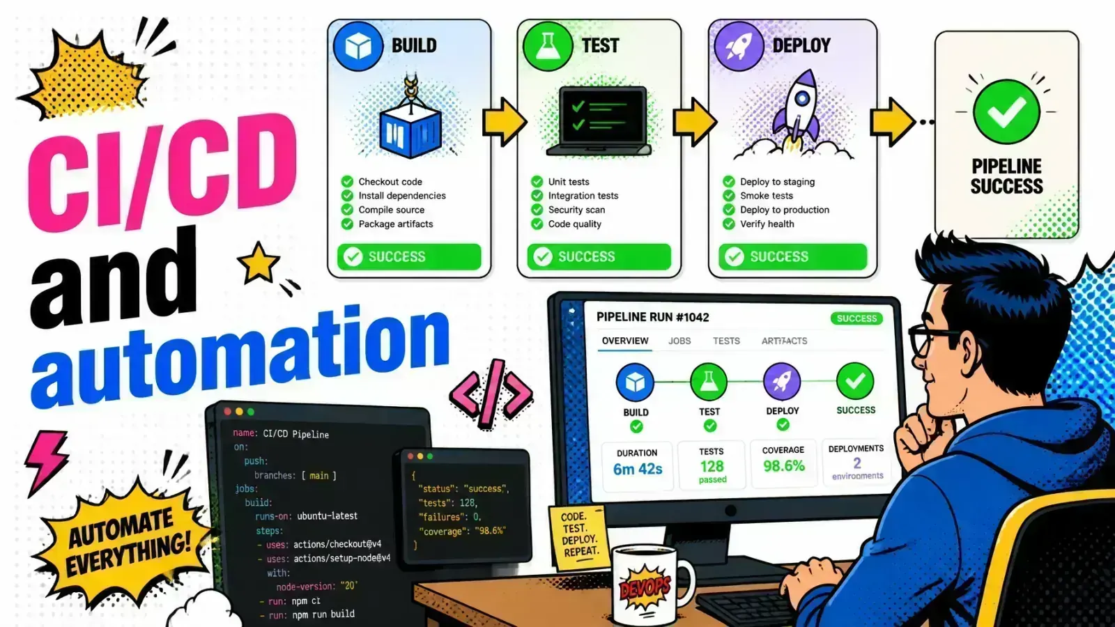 Comic-style illustration of a CI/CD pipeline automating build, test, and deploy stages