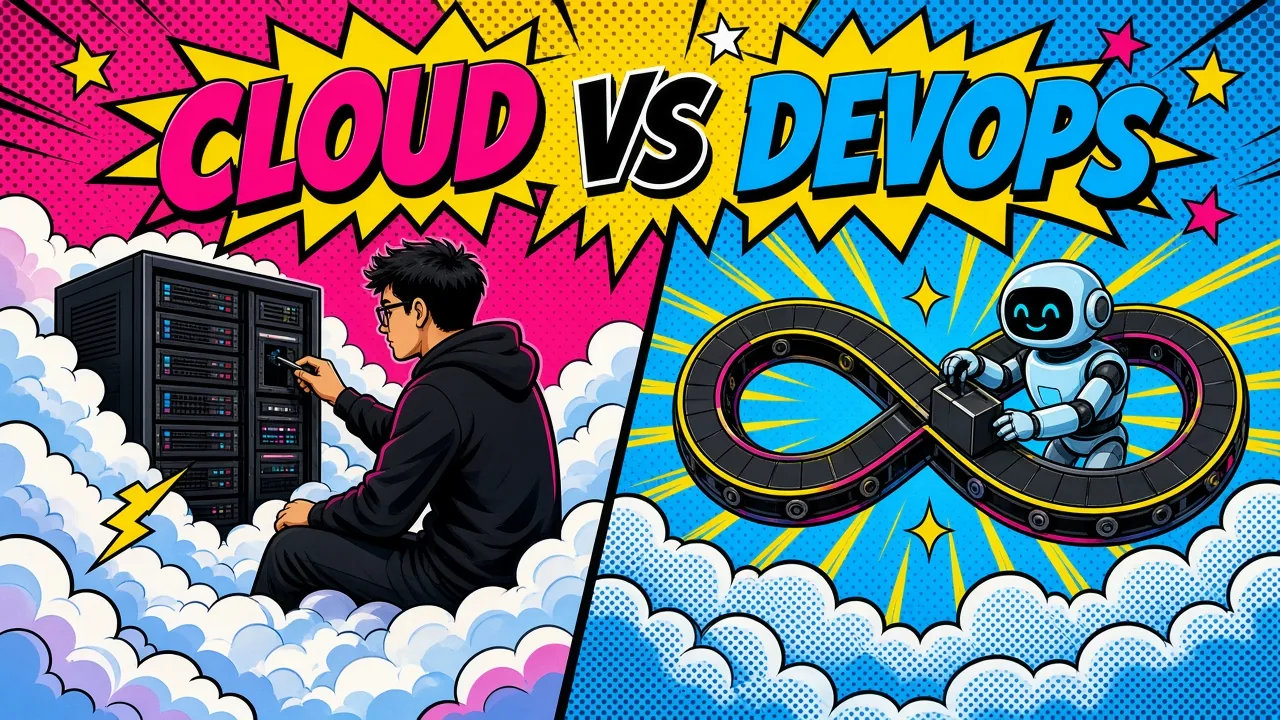 Comic-style split panel comparing a cloud engineer and a DevOps engineer side by side