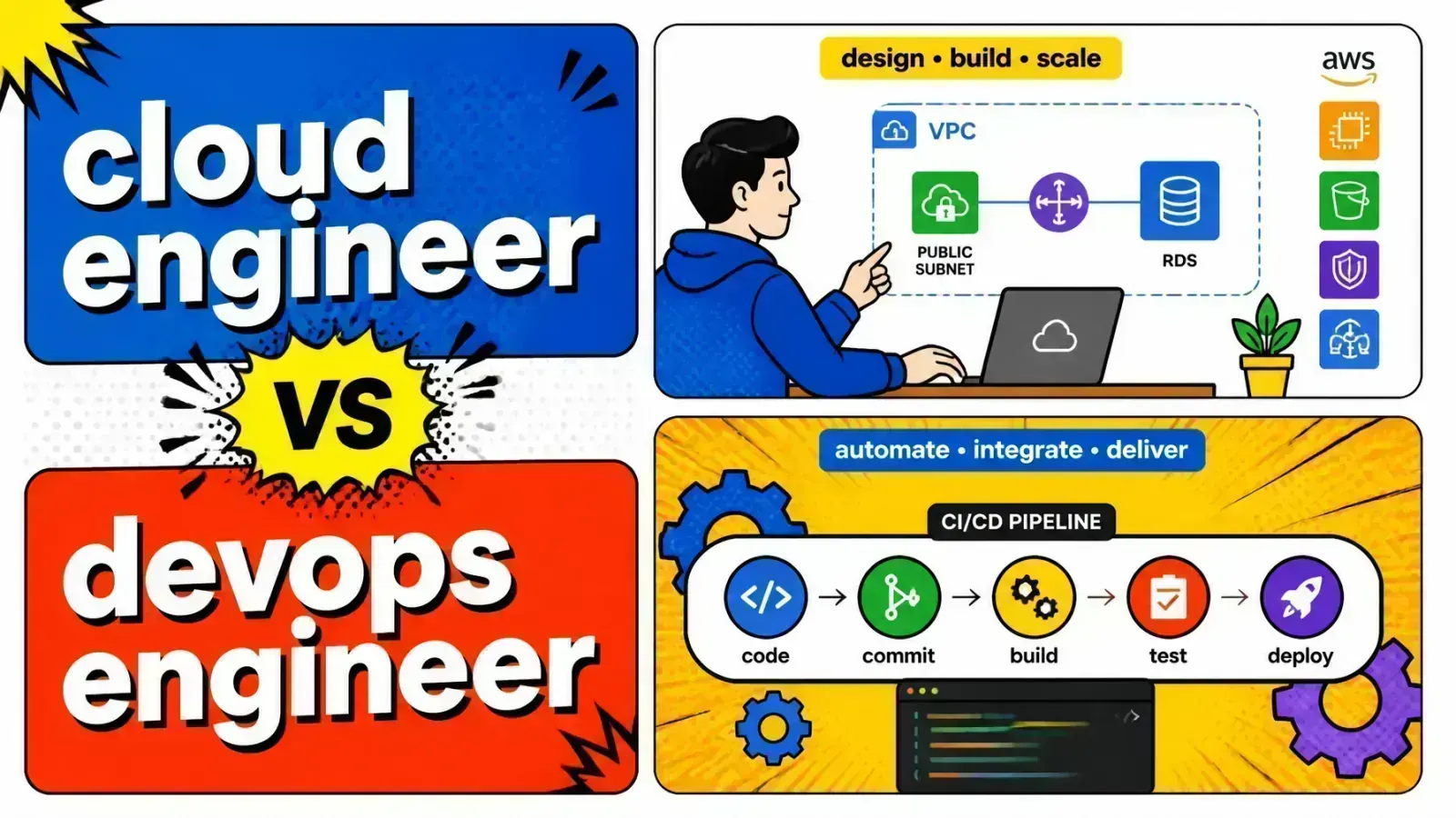 Comic-style split panel comparing a cloud engineer and a DevOps engineer side by side
