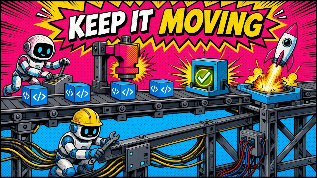 Comic panel of a DevOps robot running a build, test and launch conveyor while a cloud robot wires the floor beneath it
