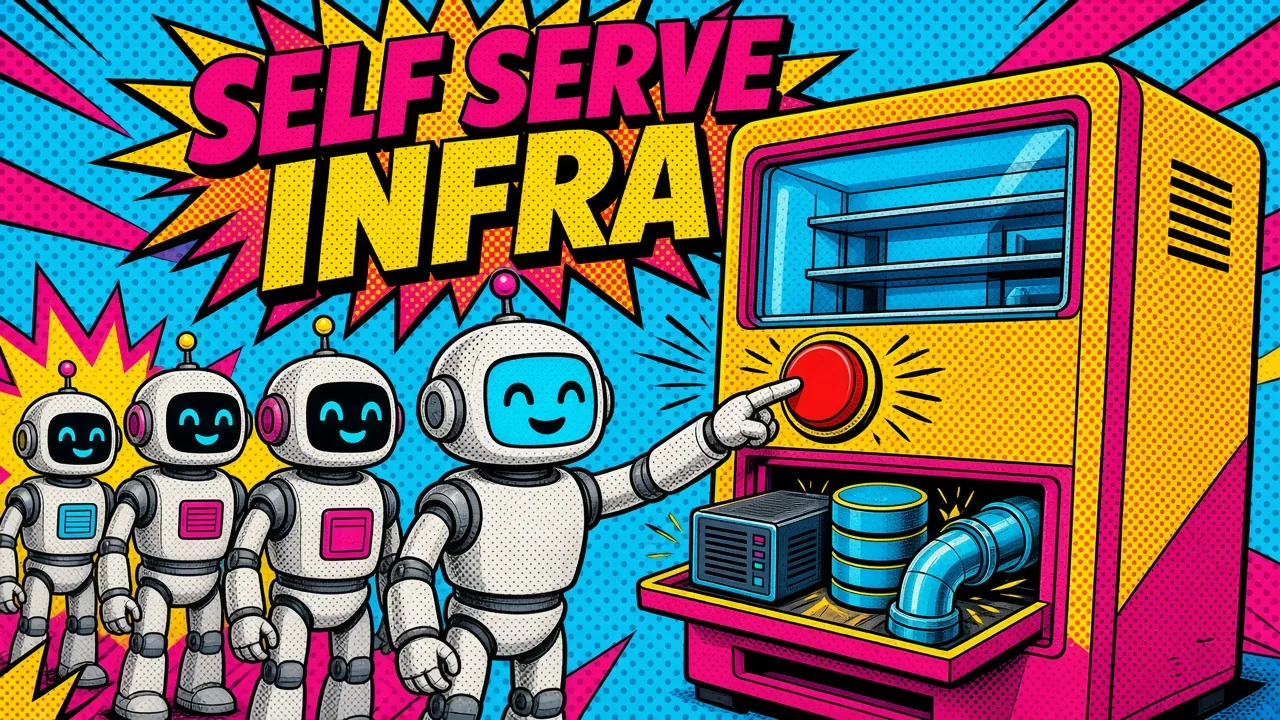 Comic panel of developer robots getting a server, a database and a pipeline from a vending machine at the press of a button