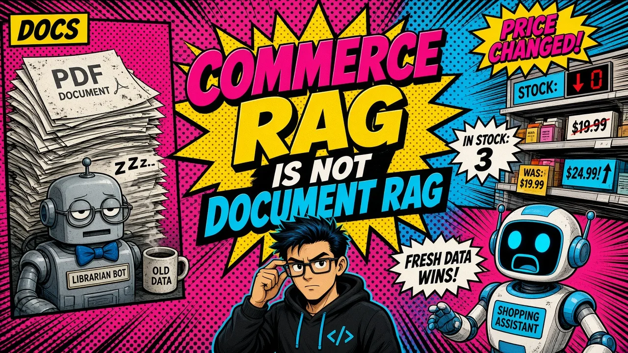 Comic split: PDF LangChain demo vs catalog stack with hybrid retrieve and commerce rank