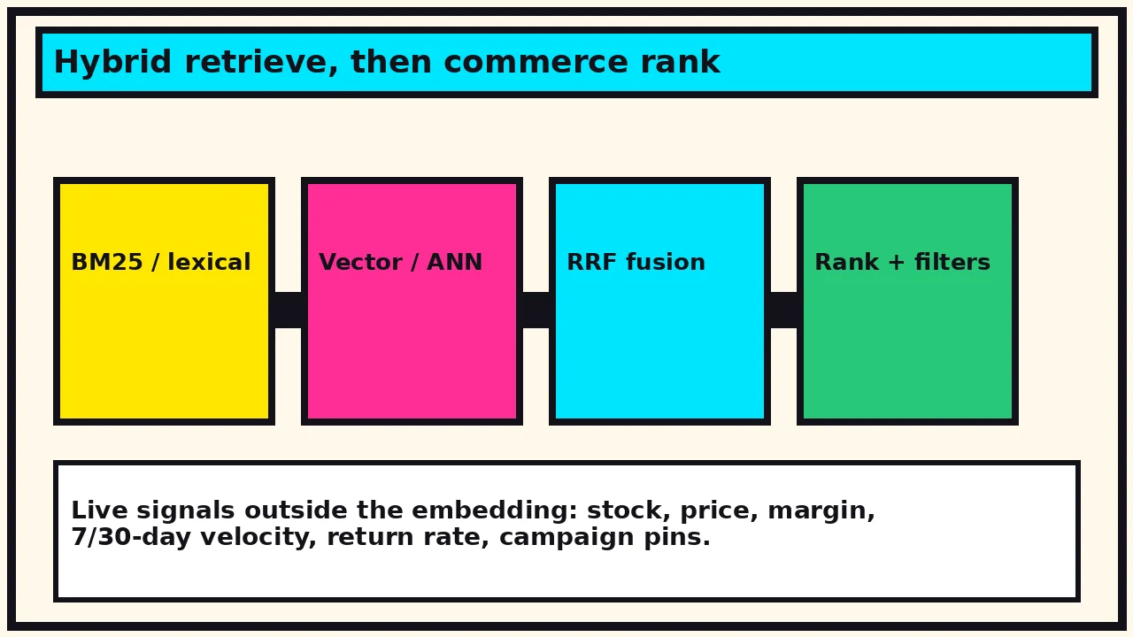 Pipeline strip: BM25, vector ANN, RRF fusion, then rank and filters