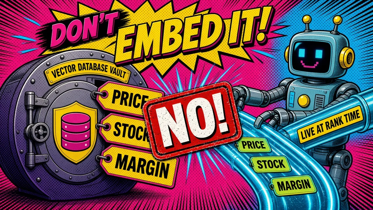 Comic pop-art panel: a vector database vault refusing price, stock and margin tags while a robot pipes them in live at rank time
