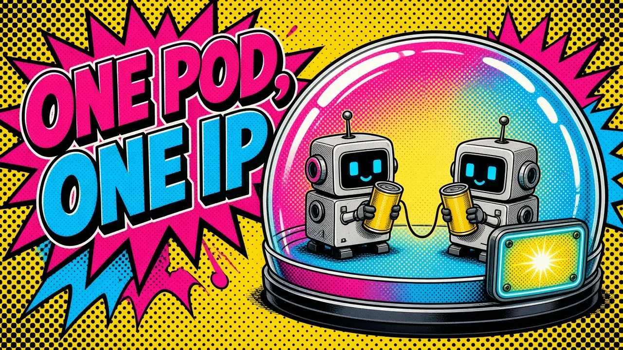 Comic panel of two small container robots talking through a tin-can phone inside one glass capsule