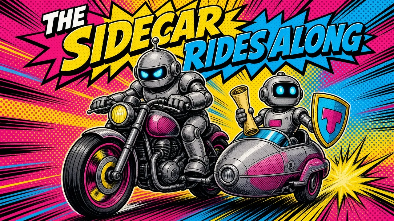 Comic panel of a robot on a motorcycle with a helper robot in the sidecar holding a scroll and a shield