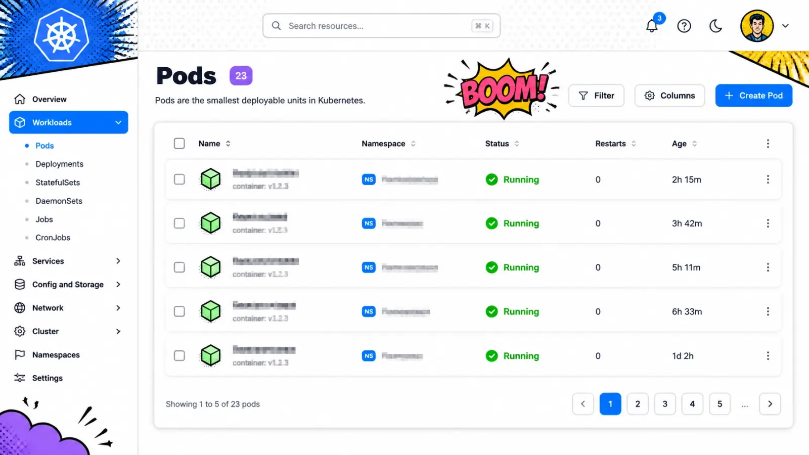 A pop-art-style Kubernetes dashboard UI screenshot listing Pods with green "Running" status icons on a light dotted background