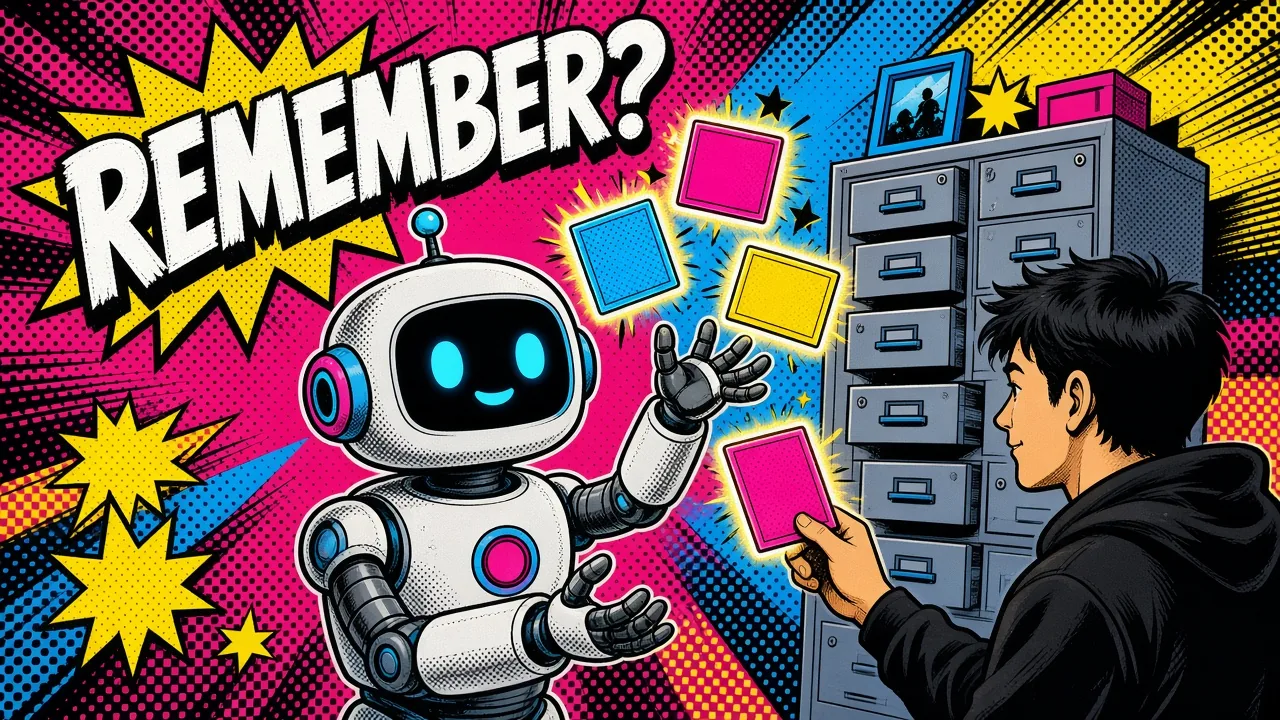 Pop-art comic-style split view of short-term context and long-term memory