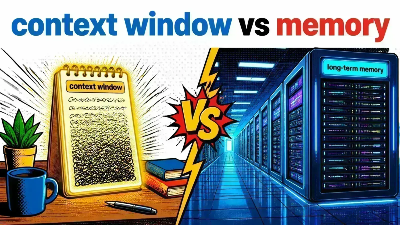 Pop-art comic-style split view of short-term context and long-term memory