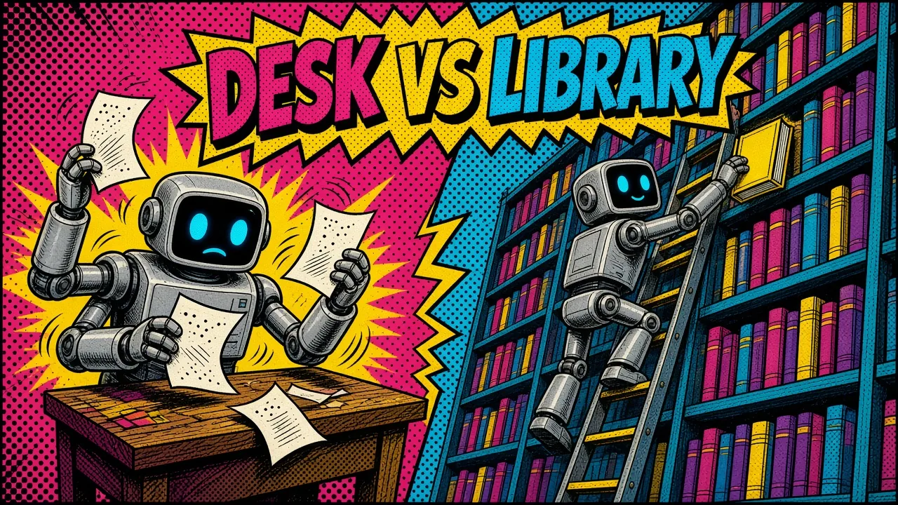 Comic panel of a robot at a small desk with a few pages while a librarian robot fetches books from huge shelves
