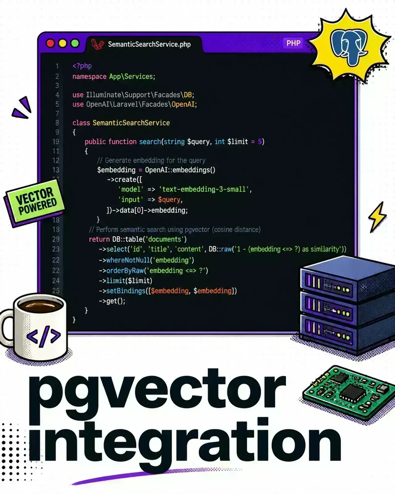 Pop-art-style code editor showing a pgvector semantic similarity query in a Laravel application
