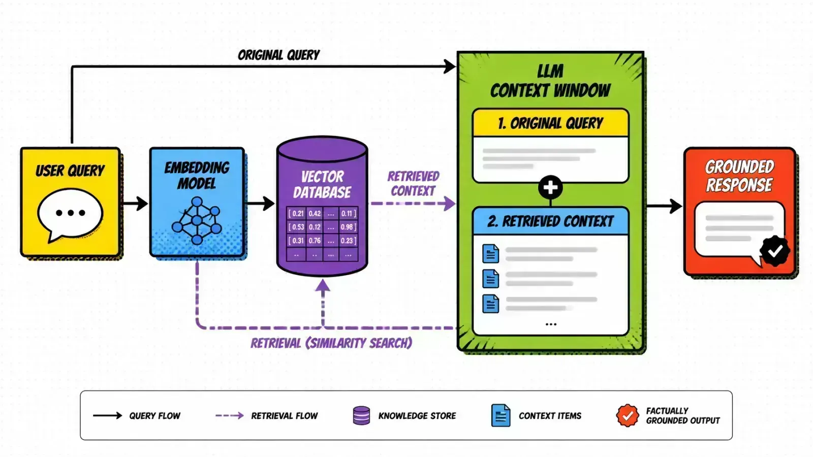 RAG data flow diagram: a query runs semantic search over a vector database, then the top chunks are injected into the LLM context window