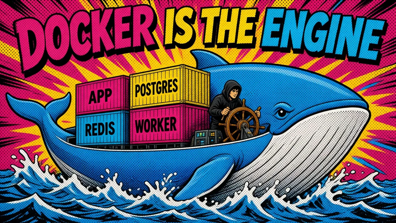 Comic pop-art panel: a Docker whale carrying app, Postgres, Redis and worker containers across a self-hosted PaaS