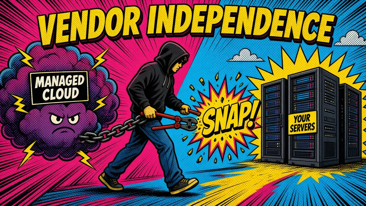Comic pop-art panel: a developer cutting the chain to a managed cloud and moving to their own server