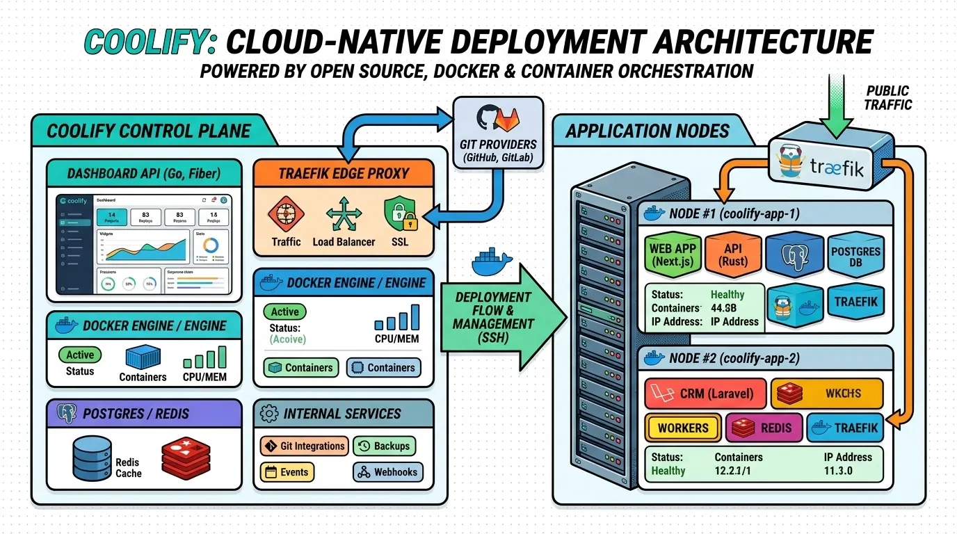 Architecture diagram of Coolify control plane and app nodes
