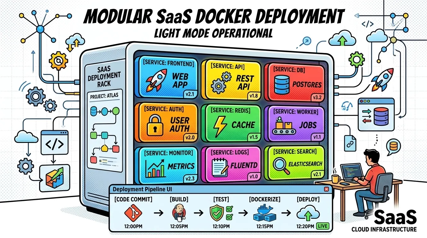 Pop-art rack of Docker containers stacked in a modular grid