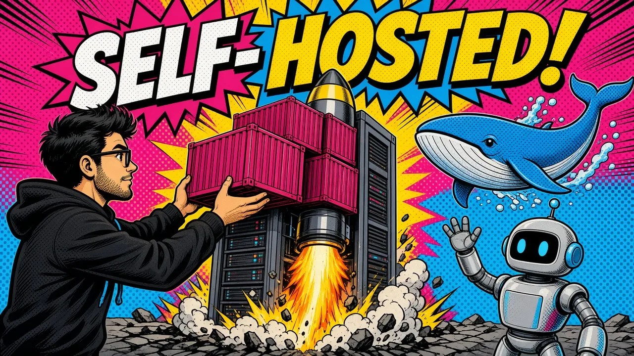 Pop-art illustration of a SaaS self-hosted with Coolify and Docker on a single VPS