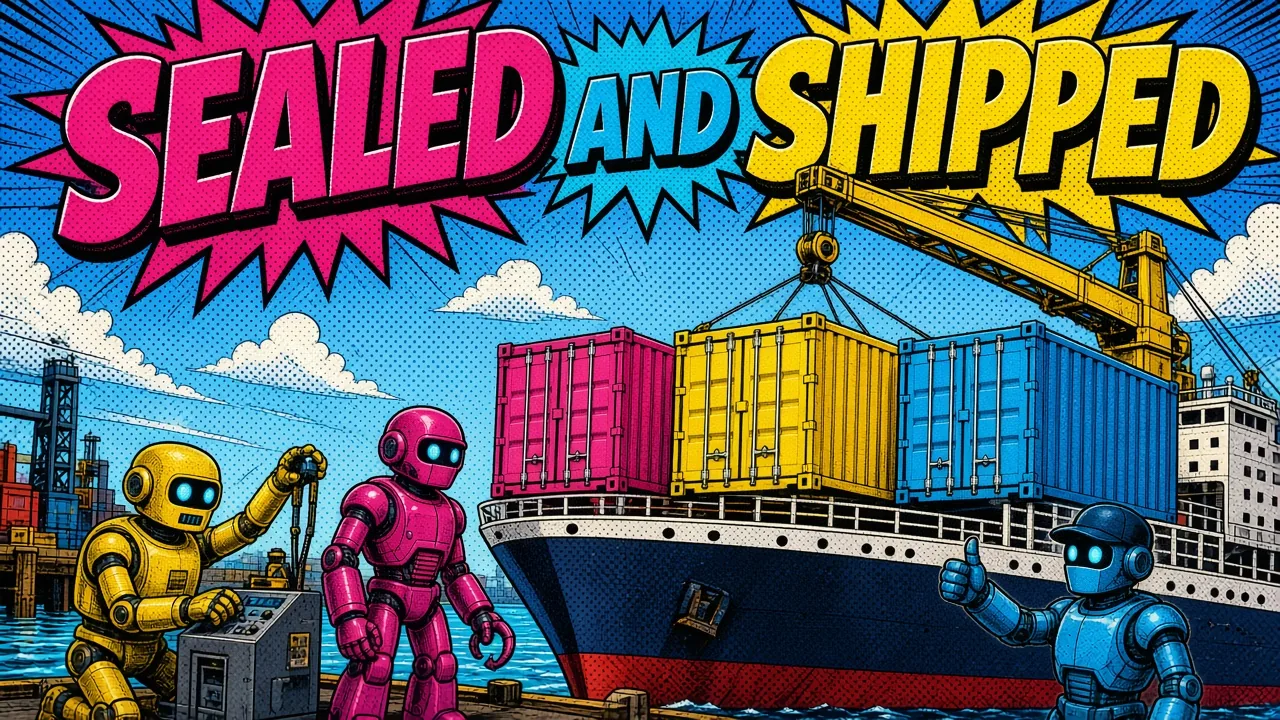 Comic panel of dock robots loading three sealed shipping containers onto one cargo ship