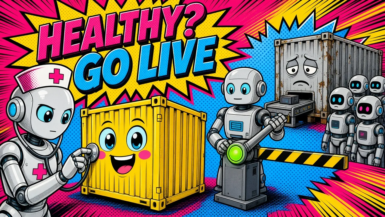 Comic panel of a nurse robot checking a new container's health before a gatekeeper switches traffic to it