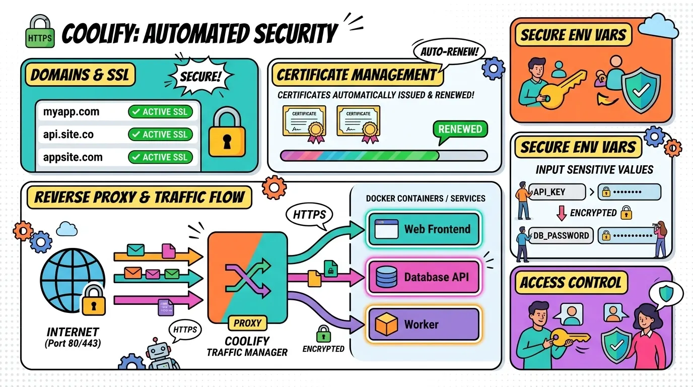 Pop-art illustration of automatic SSL certificates and runtime secrets