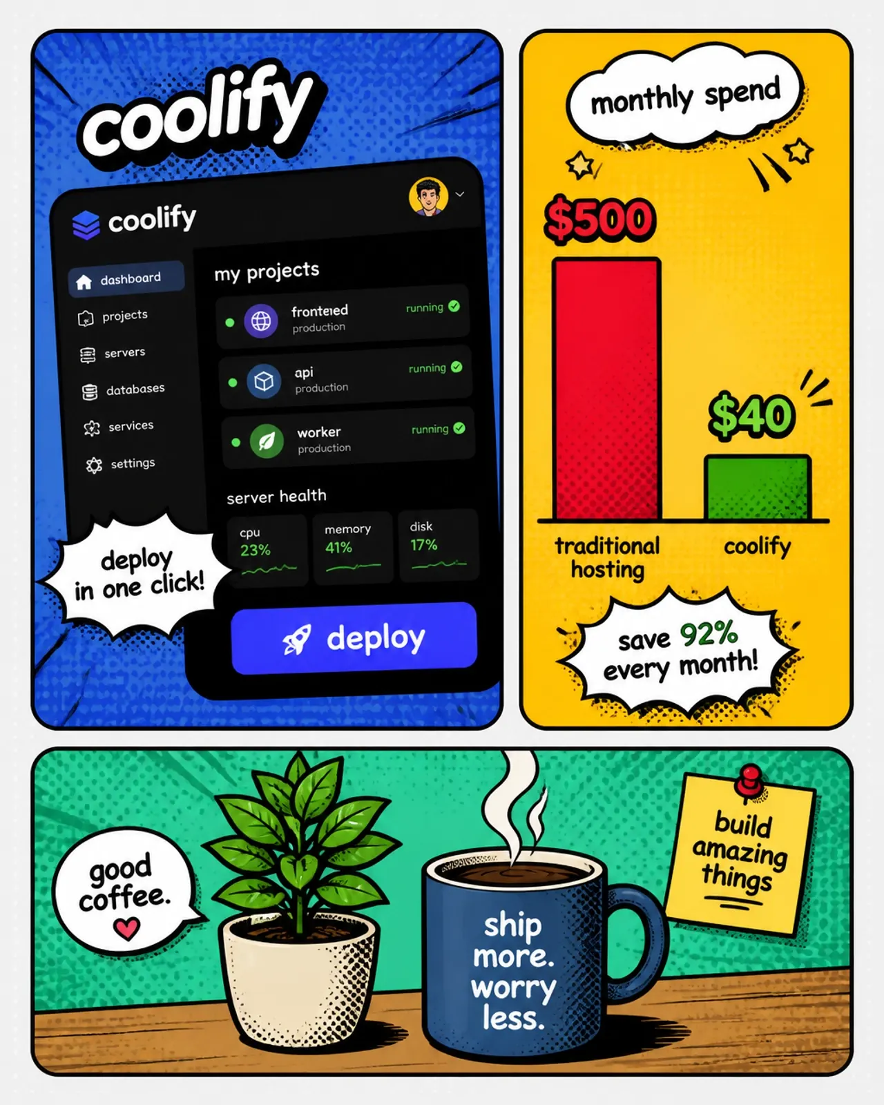 Coolify dashboard showing its core self-hosting features