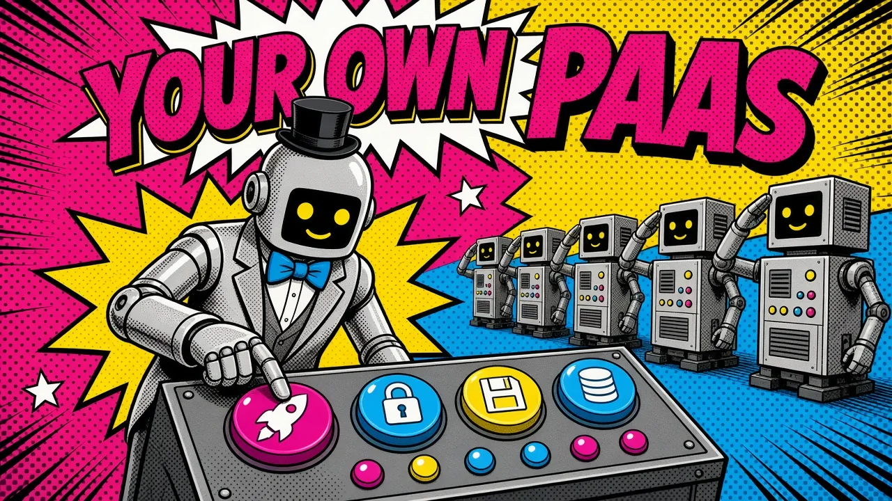 Comic panel of a robot butler pressing deploy, lock, backup and database buttons while server robots salute