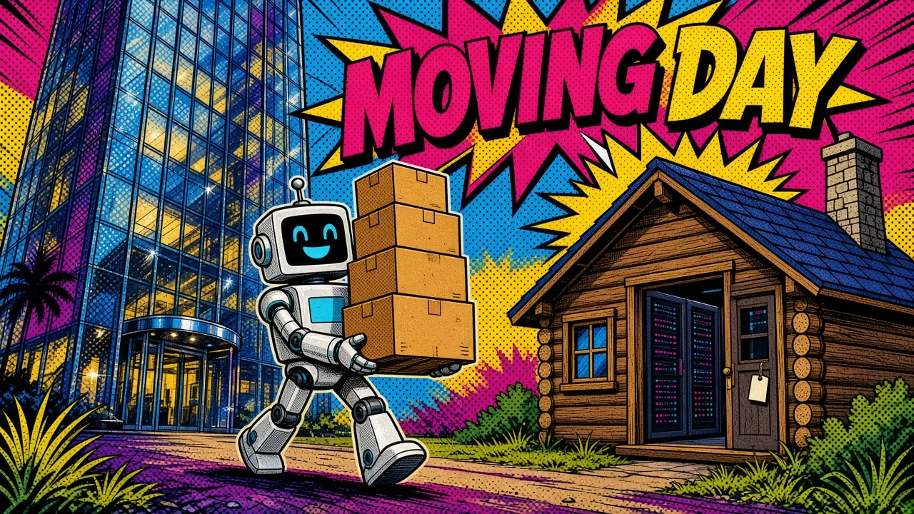 Comic panel of a robot carrying moving boxes from a glass skyscraper to a small cabin full of servers