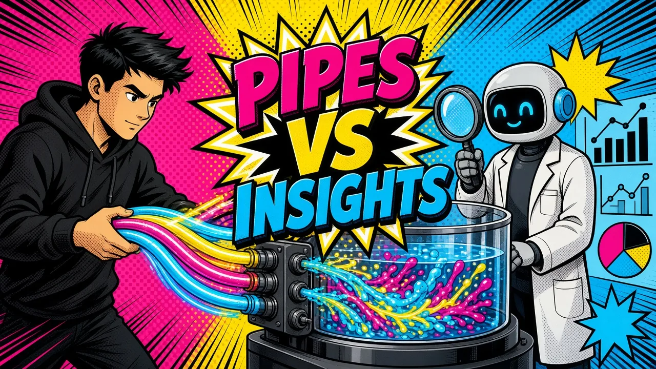 Split-screen pop-art comic comparing a Data Engineer building pipelines and a Data Scientist analyzing models