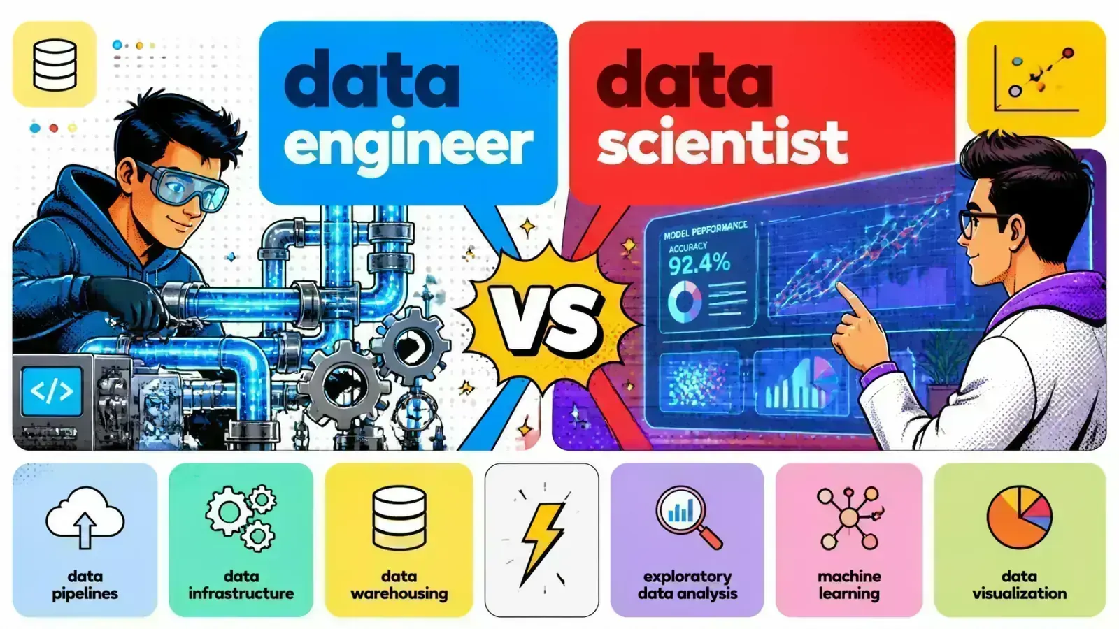 Split-screen pop-art comic comparing a Data Engineer building pipelines and a Data Scientist analyzing models
