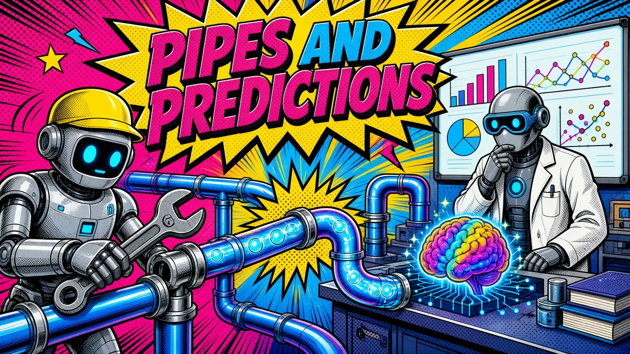 Comic panel of a plumber robot laying data pipes into a lab where a scientist robot studies charts