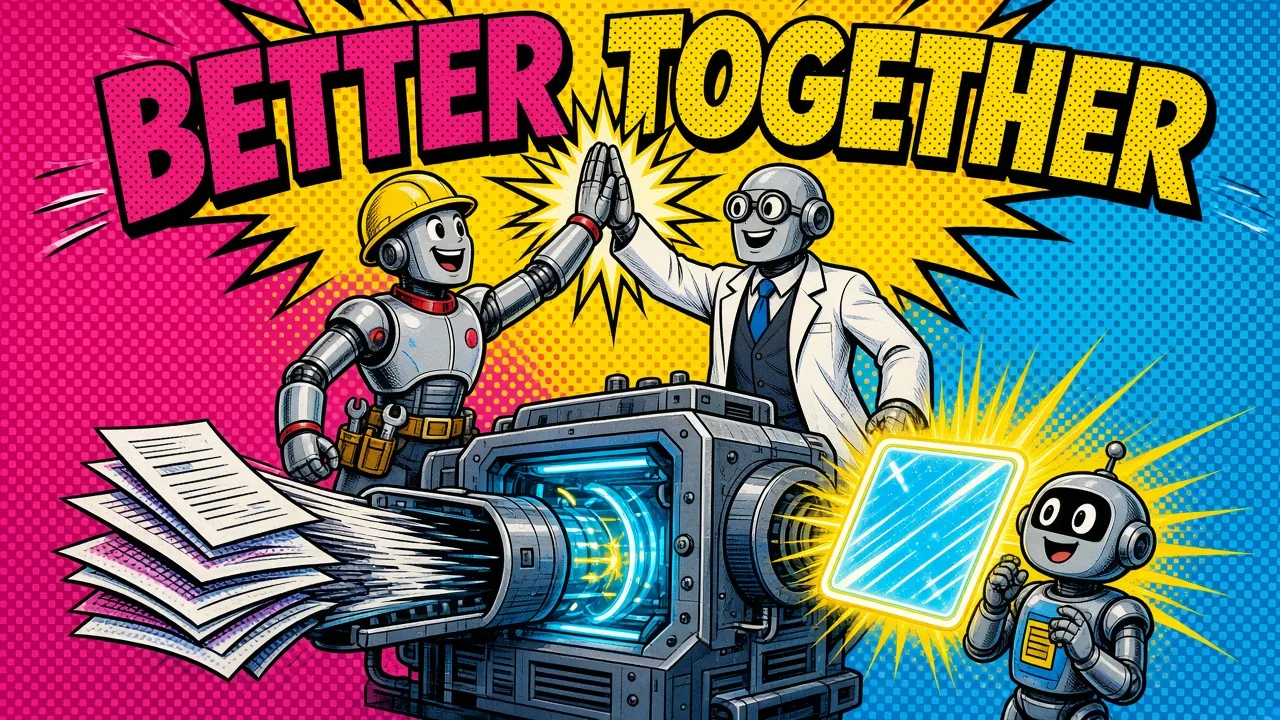 Comic panel of an engineer robot and a scientist robot high-fiving over a working RAG machine