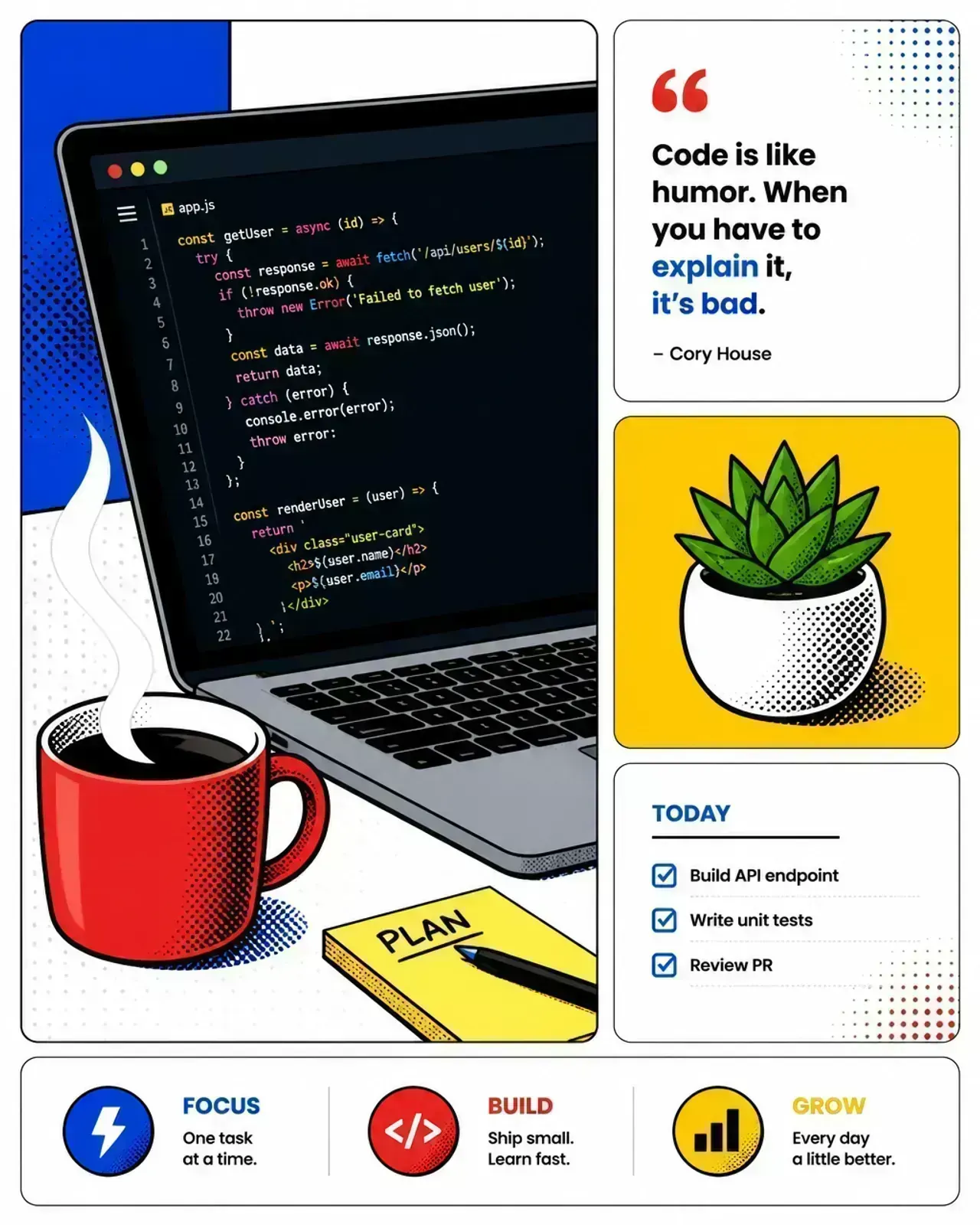 A pop-art comic-style workspace with a laptop showing code, coffee, and a plant