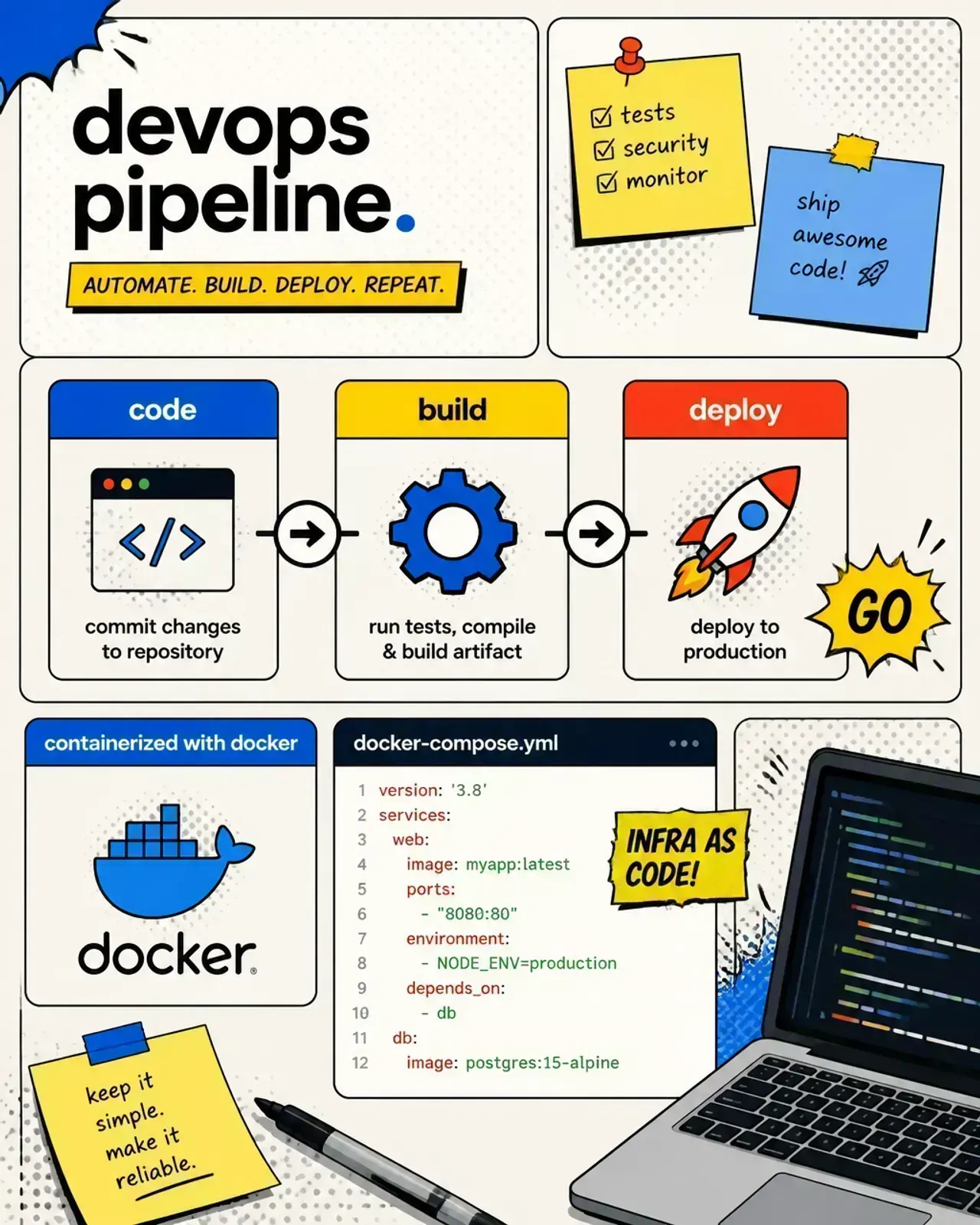 Illustrated DevOps pipeline moving left to right through code, build, test, and deploy stages