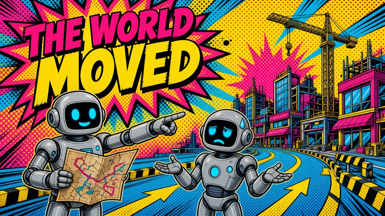 Comic panel of a model robot reading an outdated map while the street around it has changed