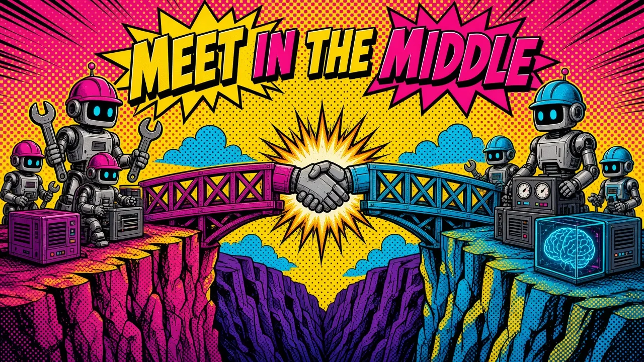 Comic panel of two robot crews building a bridge from opposite cliffs that meets in the middle with a handshake