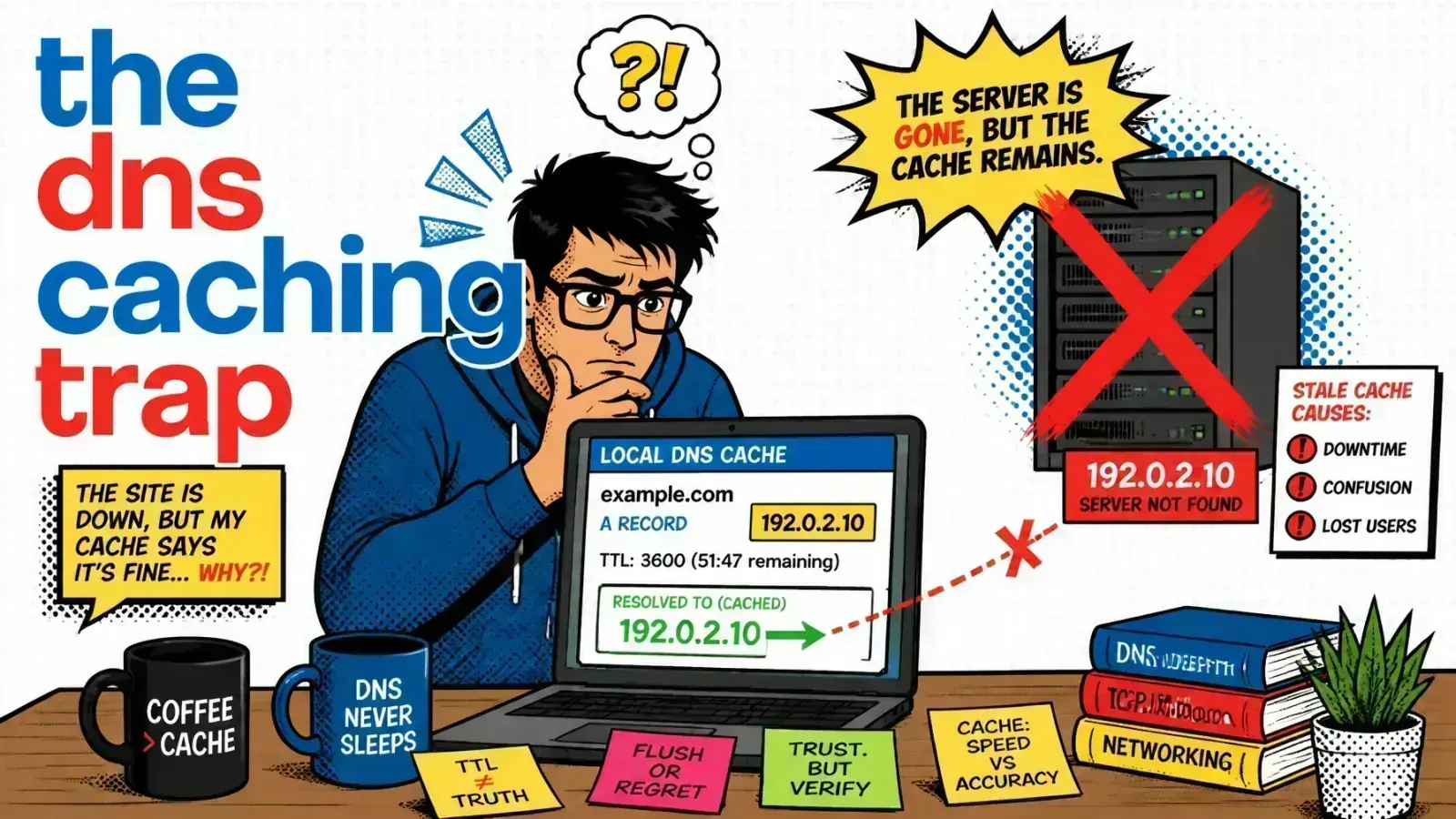 Comic-style scene of the DNS staleness trap: a client routed to a dead server because a cached, stale DNS record outlived the instance
