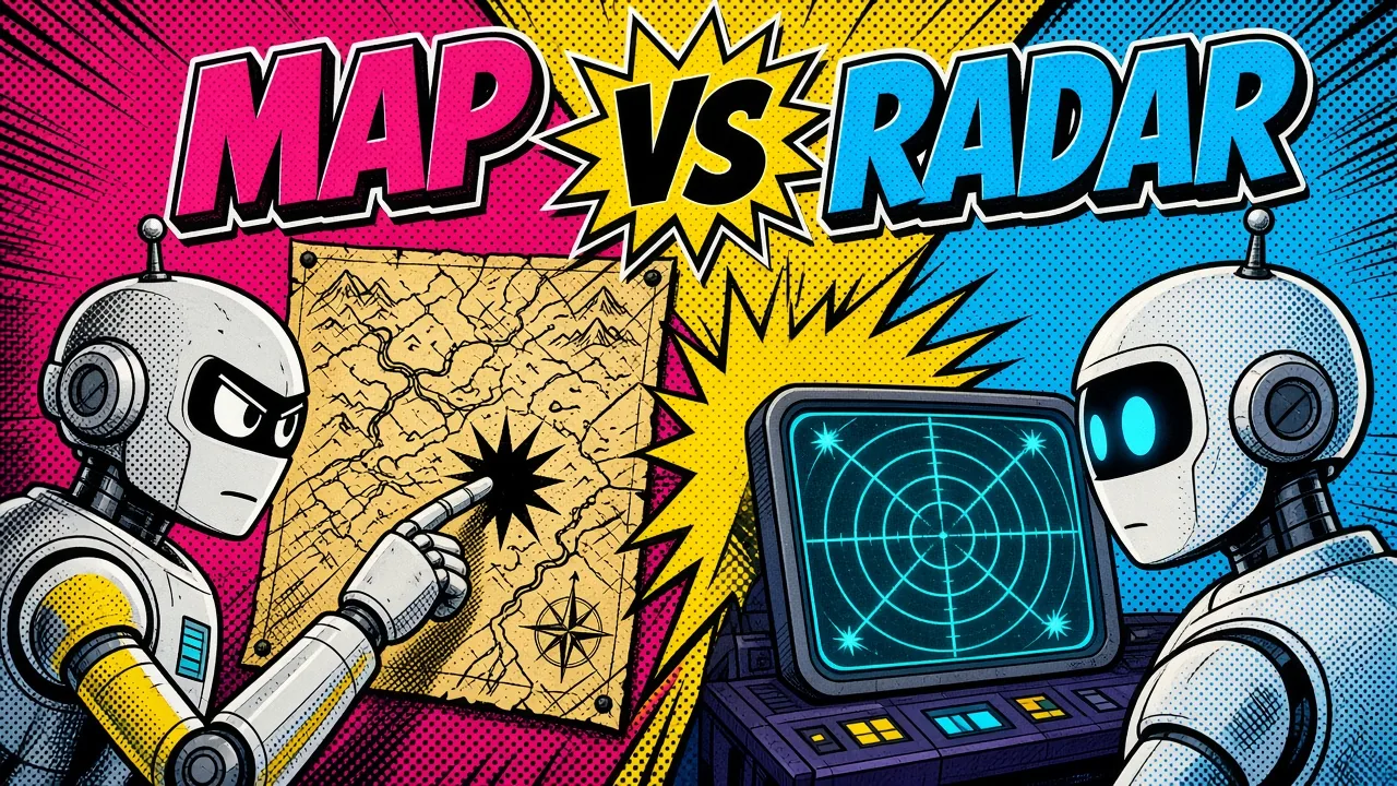 Comic panel of one robot pointing at an old paper map while another watches a live radar screen