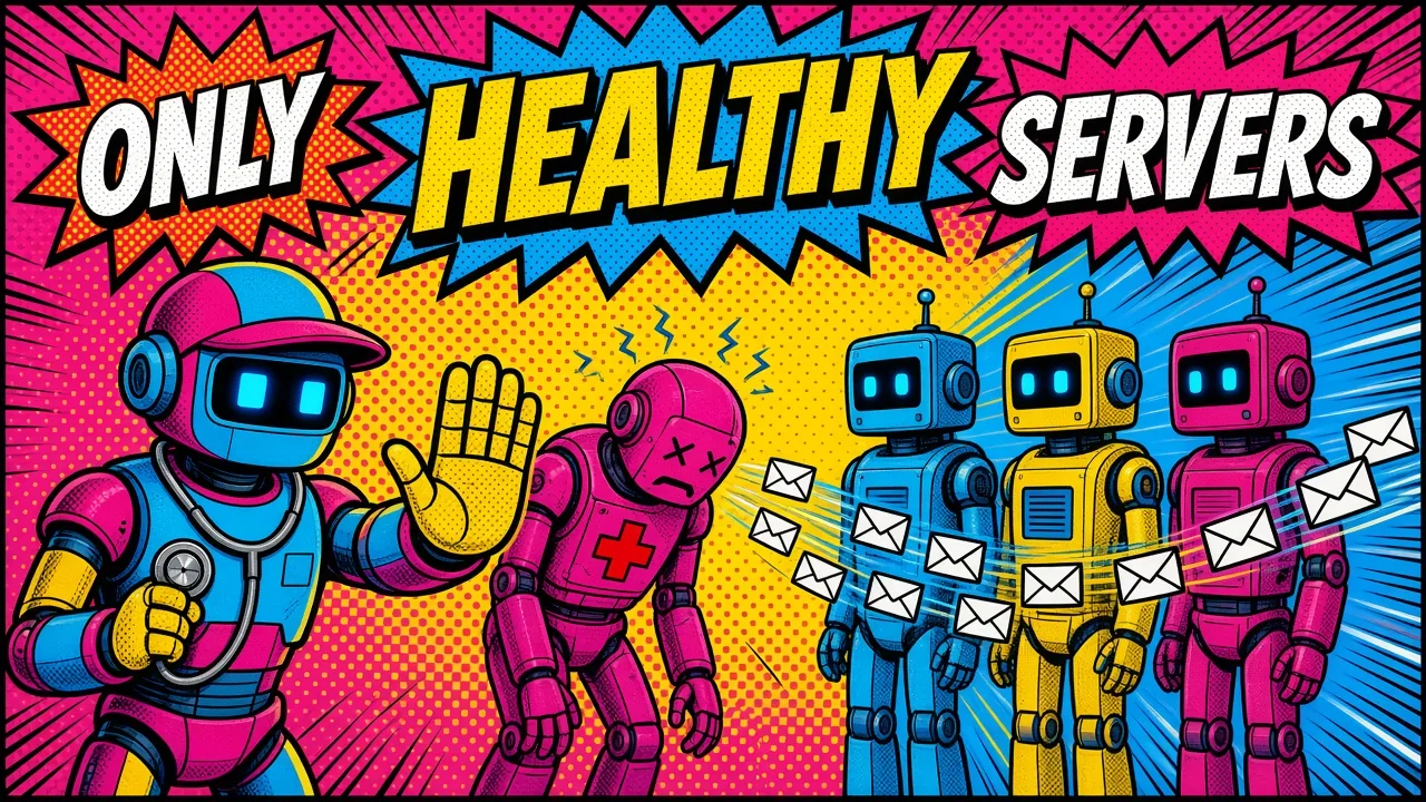 Comic panel of a traffic-cop robot with a stethoscope stopping requests from reaching a sick server robot