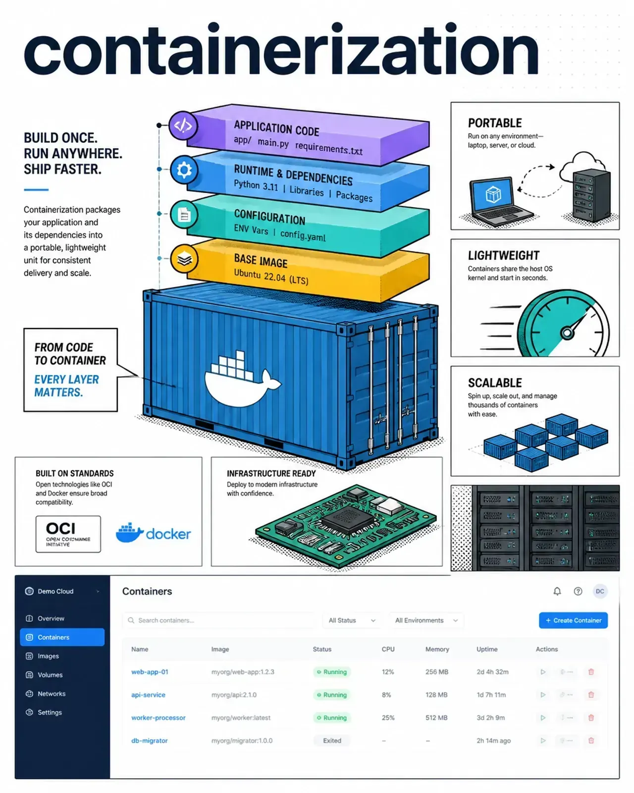 Diagram of a Docker container packaging application code, runtime, libraries, and config into one portable image