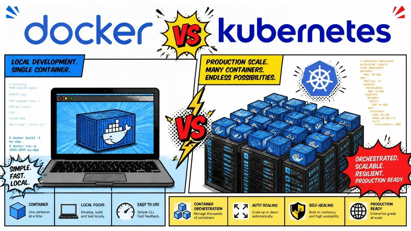 Side-by-side comparison of Docker as the container runtime and Kubernetes as the orchestration layer