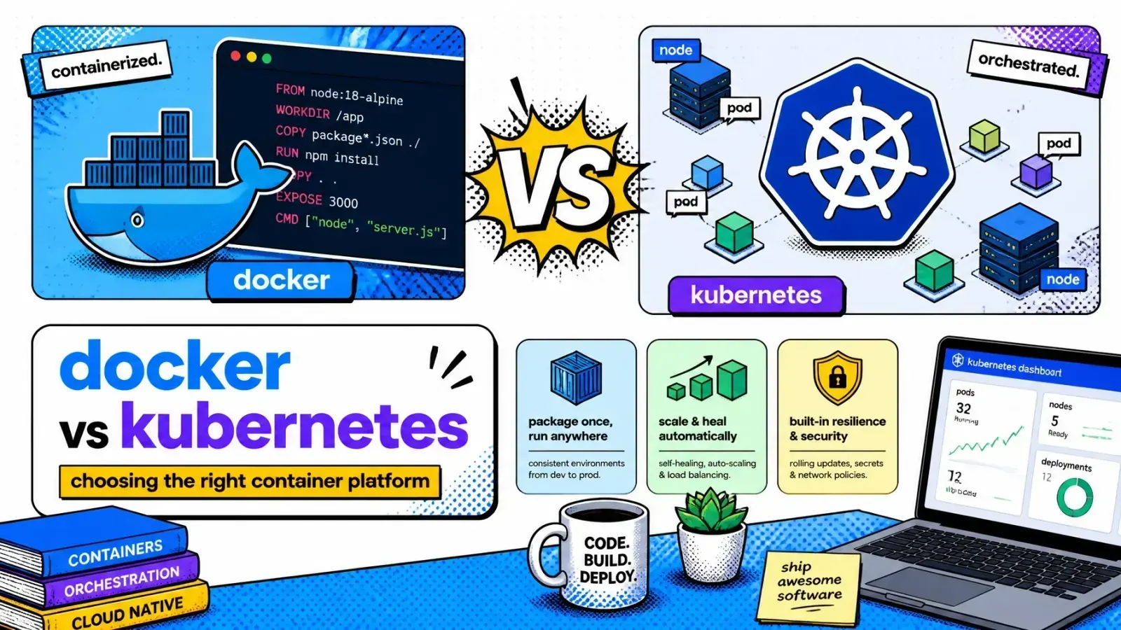 Pop-art comic-style hero contrasting a Docker container with a Kubernetes cluster