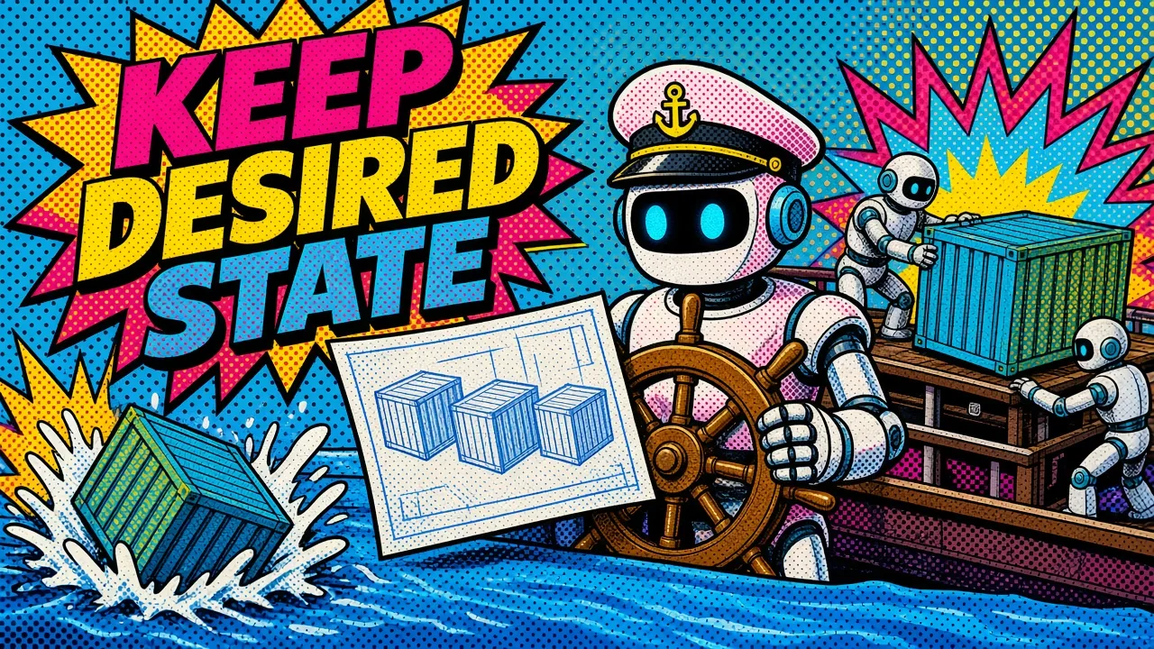 Comic panel of a conductor robot directing containers across several worker nodes and replacing one that fell over