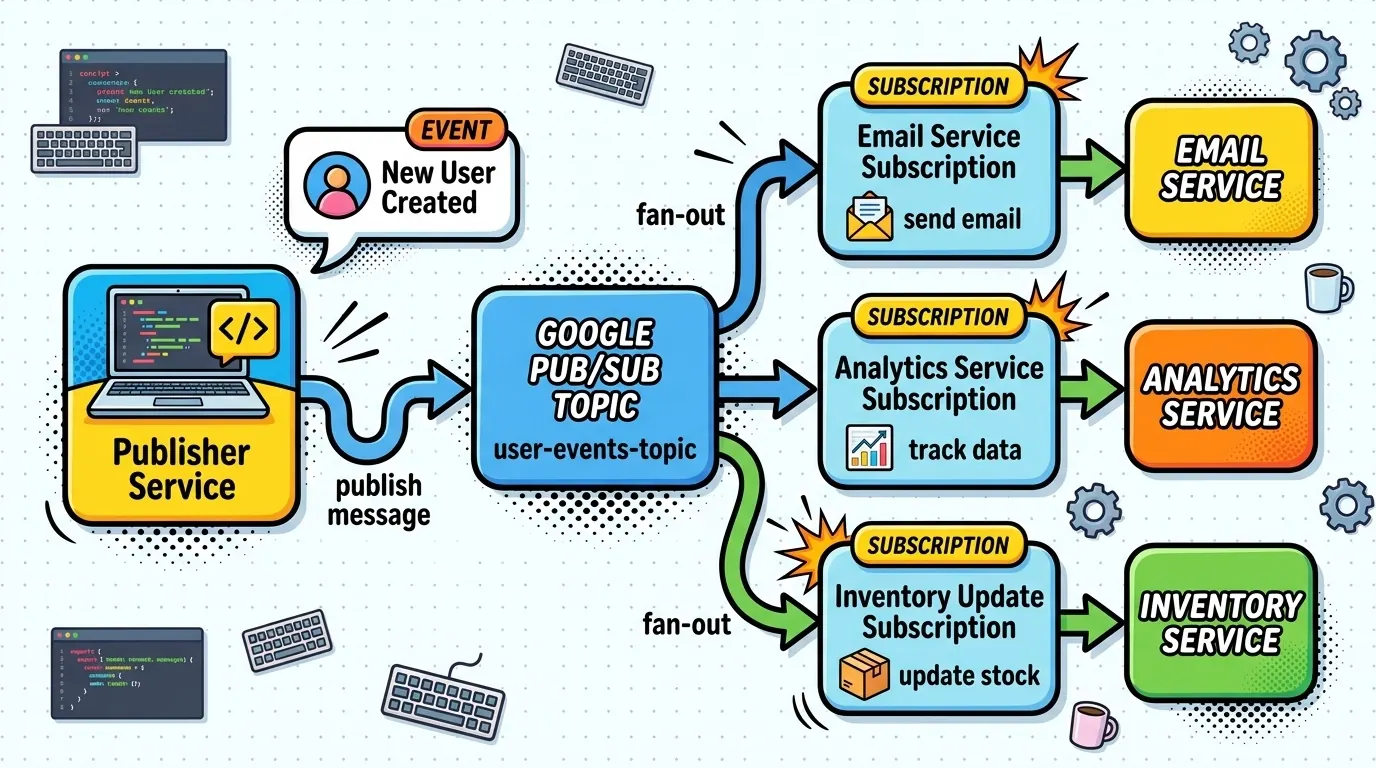 Architecture diagram of a Pub/Sub topic with multiple subscriptions fanning out
