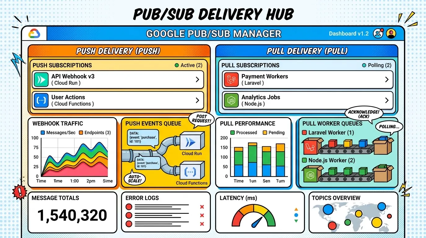 Dashboard mockup comparing pull and push subscription metrics