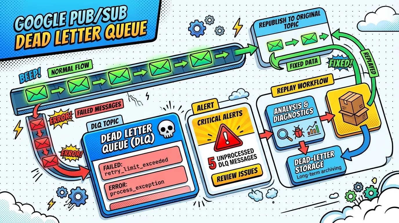 Pop-art illustration of a dead-letter queue catching poison messages